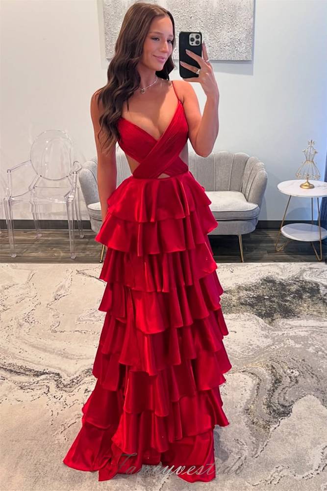 Straps V-Neck Red A-Line Ruffle Layered Prom Dress