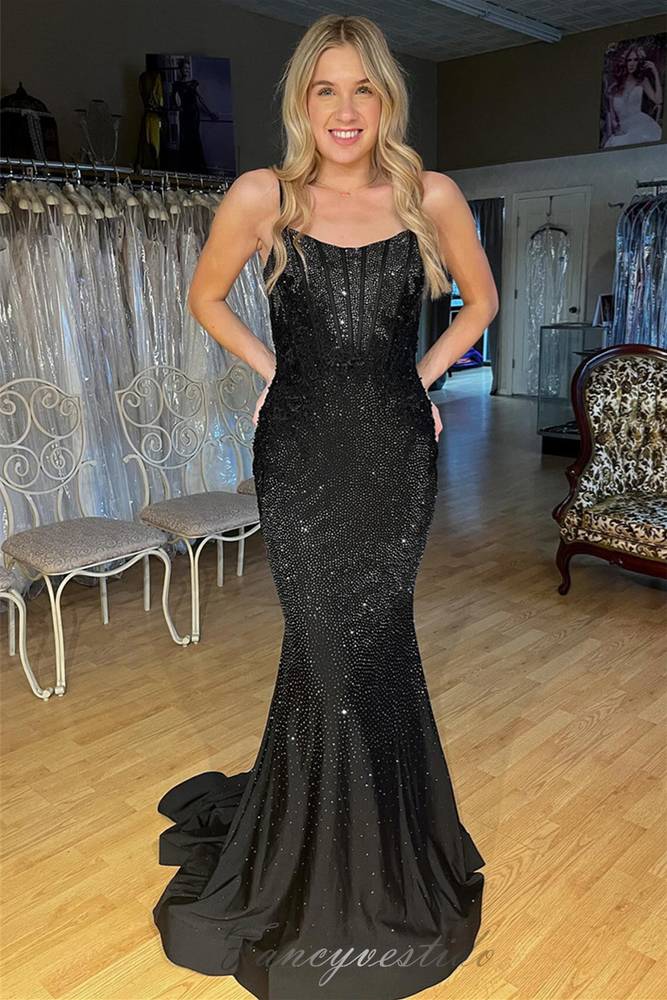 Spaghetti Straps Black Beaded Sequin Mermaid Prom Dress