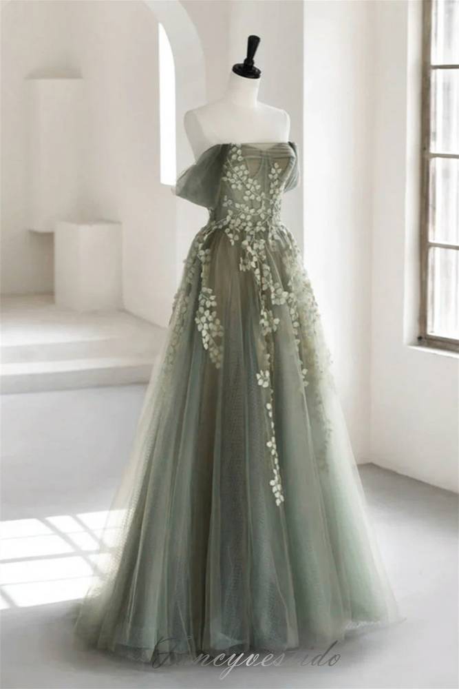 Off Shoulder Grey Floral Applique A-Line Prom Dress