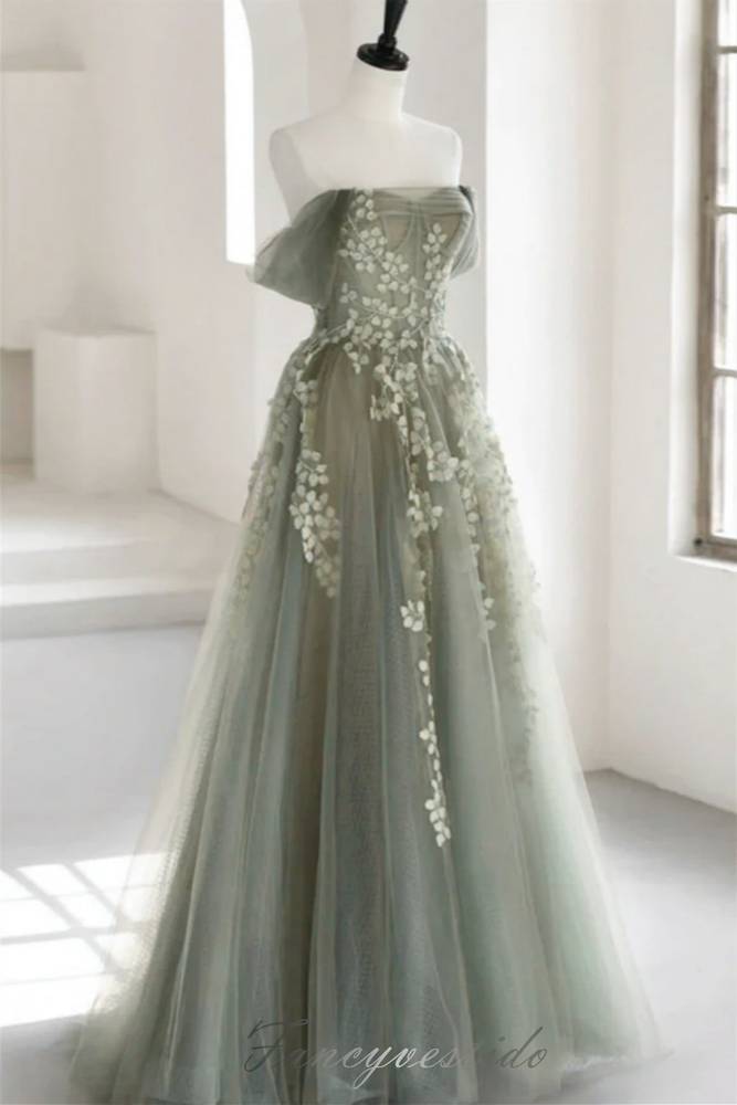 Off Shoulder Grey Floral Applique A-Line Prom Dress