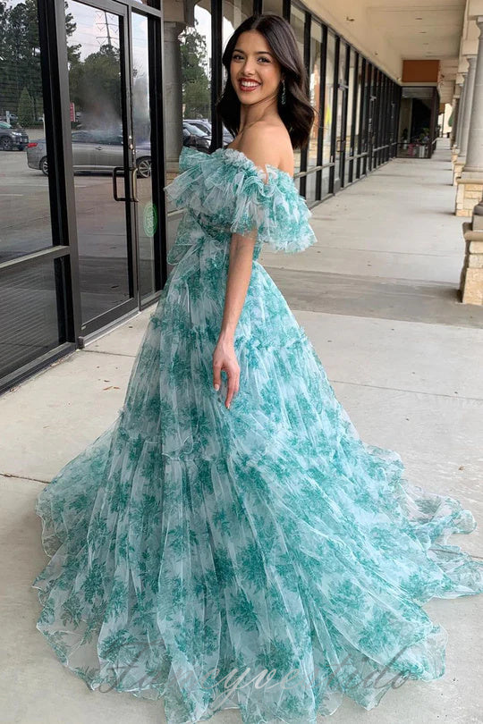 Off Shoulder Floral Print Ruffle A-Line Prom Dress