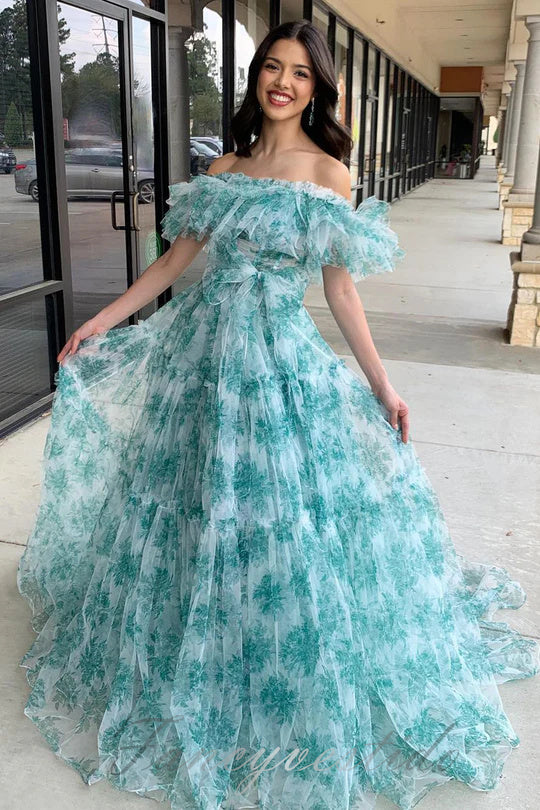 Off Shoulder Floral Print Ruffle A-Line Prom Dress