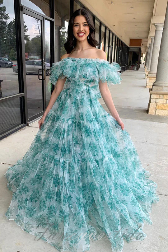 Off Shoulder Floral Print Ruffle A-Line Prom Dress