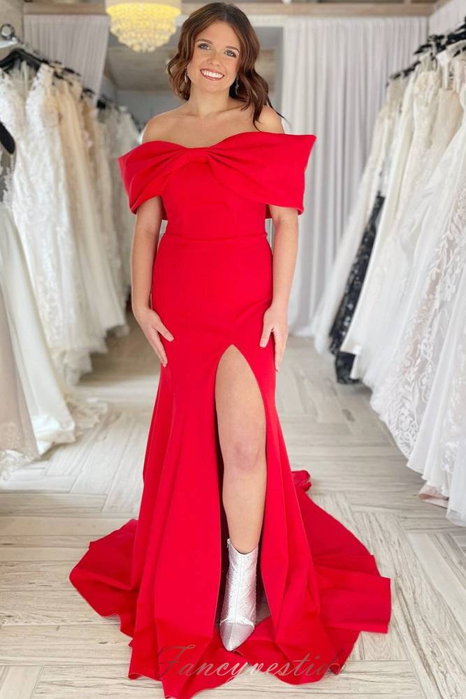 Off Shoulder Bow Satin Mermaid Prom Dress with Slit