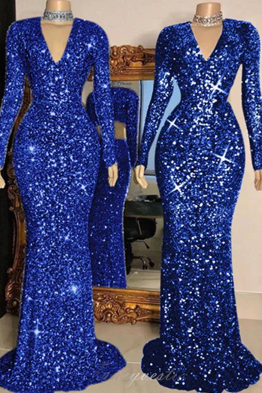 Long Sleeves Sequin Bodycon Mermaid Prom Dress