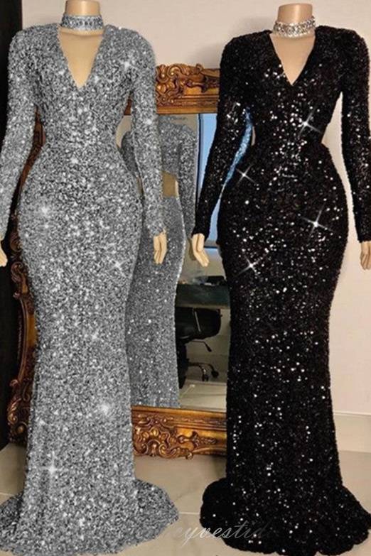 Long Sleeves Sequin Bodycon Mermaid Prom Dress