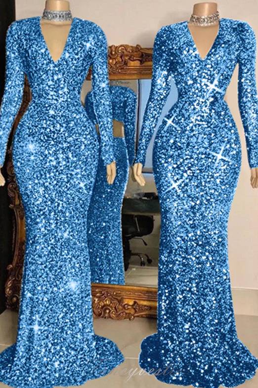 Long Sleeves Sequin Bodycon Mermaid Prom Dress