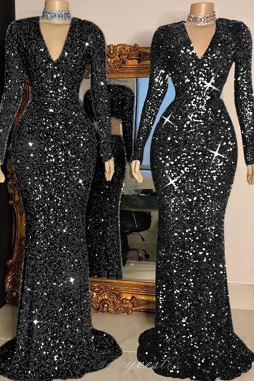 Long Sleeves Sequin Bodycon Mermaid Prom Dress