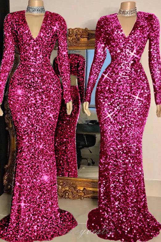 Long Sleeves Sequin Bodycon Mermaid Prom Dress