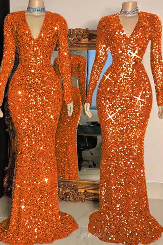 Long Sleeves Sequin Bodycon Mermaid Prom Dress