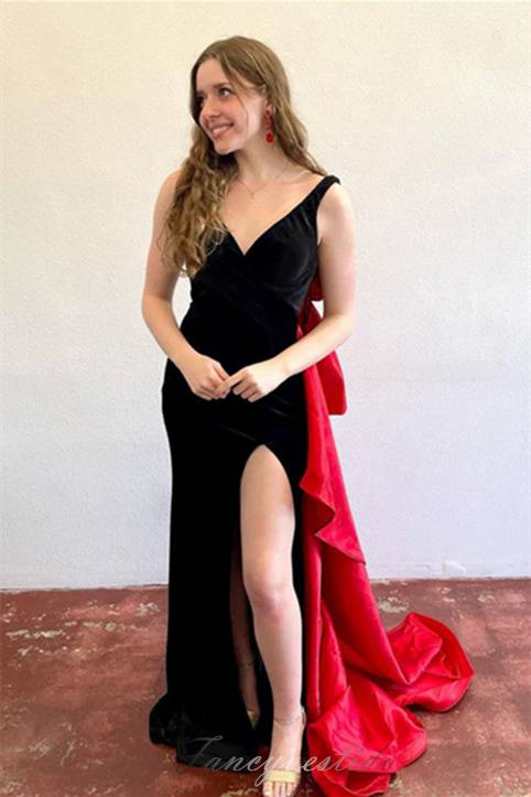 V-Neck Velvet Mermaid Slit Prom Dress with Bow Train