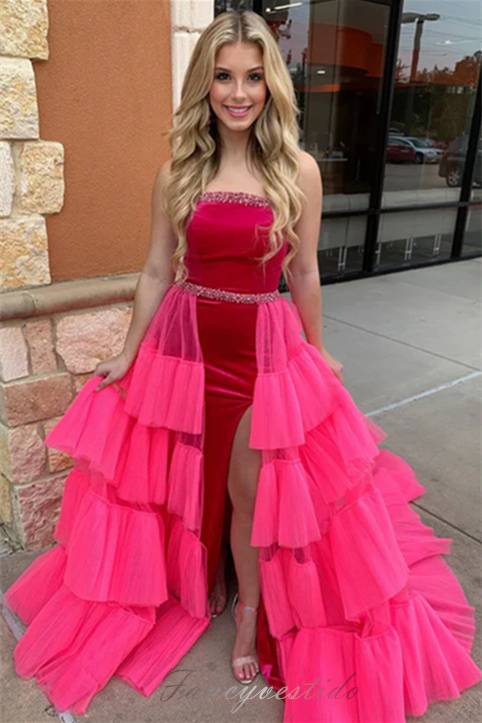 Hot Pink Strapless Beaded Slit Prom Dress with Layered Train