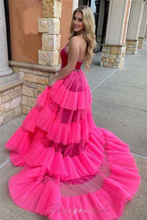 Hot Pink Strapless Beaded Slit Prom Dress with Layered Train