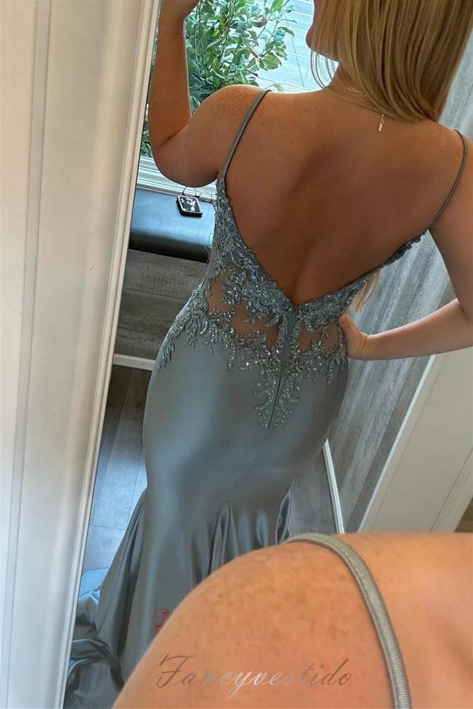 Dusty Blue V-Neck Applique Mermaid Long Prom Dress