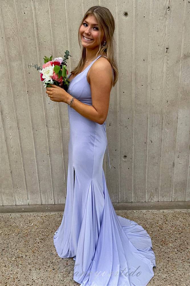 Straps Lilac V-Neck Sheath Mermaid Slit Prom Dress