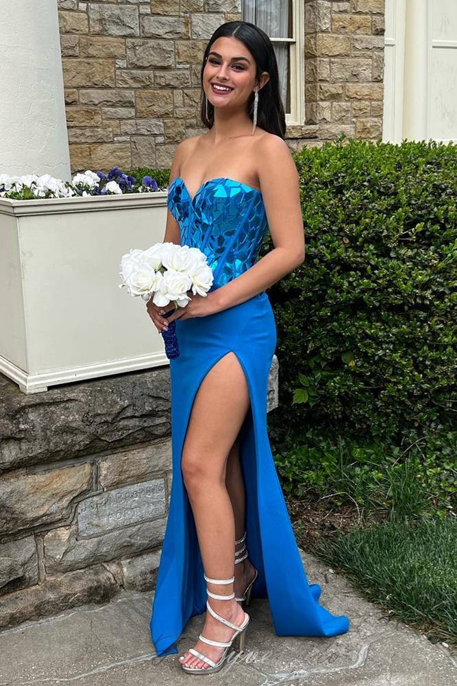 Strapless Blue Mirror Sequin Top Mermaid Prom Dress with Slit 