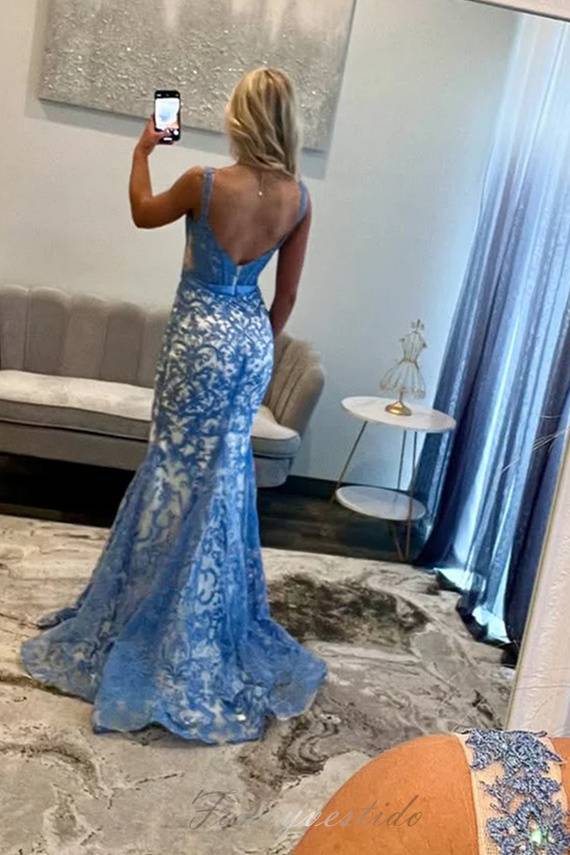 Straps Blue Lace Applique Mermaid Prom Dress with Bow