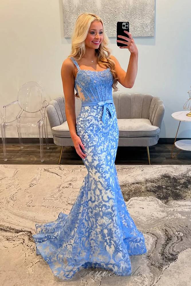 Straps Blue Lace Applique Mermaid Prom Dress with Bow