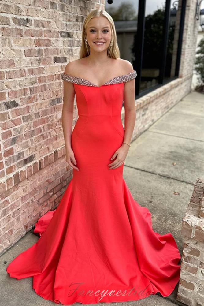 Off Shoulder Rhinestones Satin Mermaid Long Prom Dress