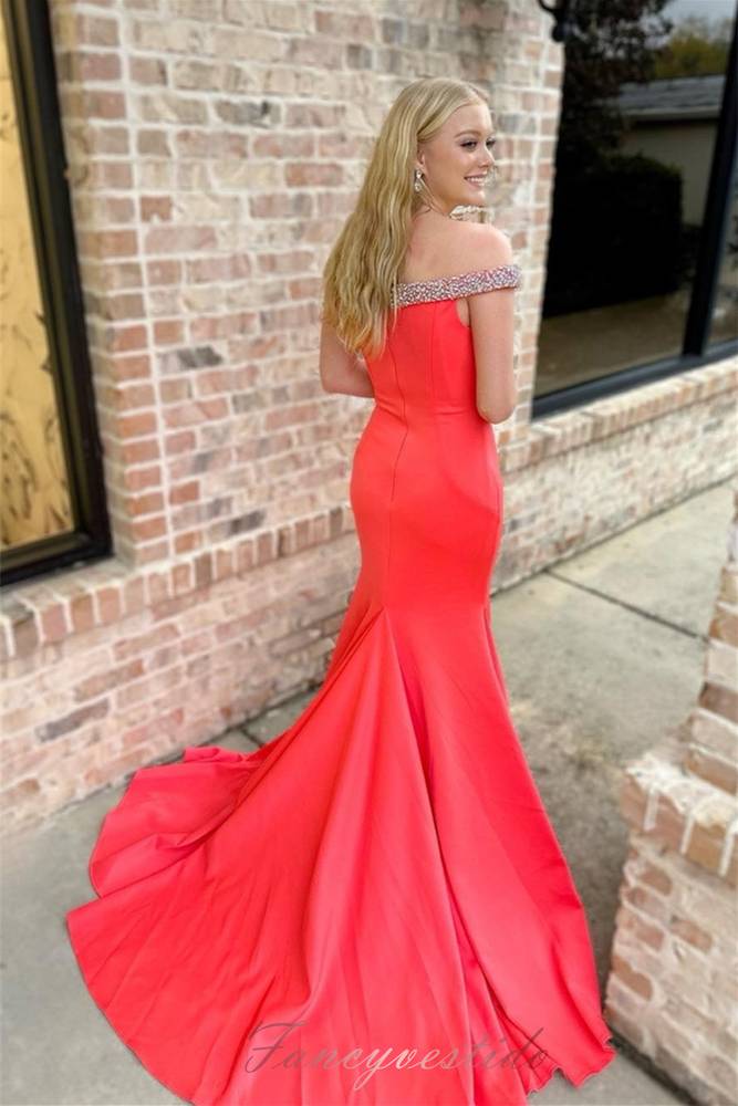 Off Shoulder Rhinestones Satin Mermaid Long Prom Dress