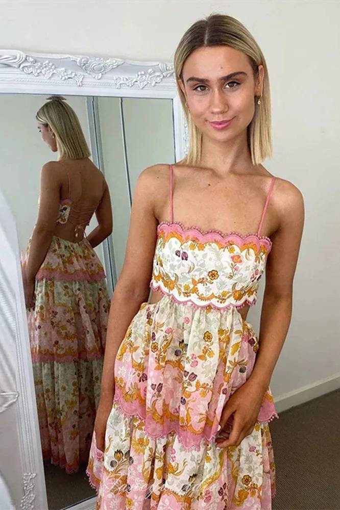 Straps Floral Print Ruffle Long Summer Dress with Lace-up Back