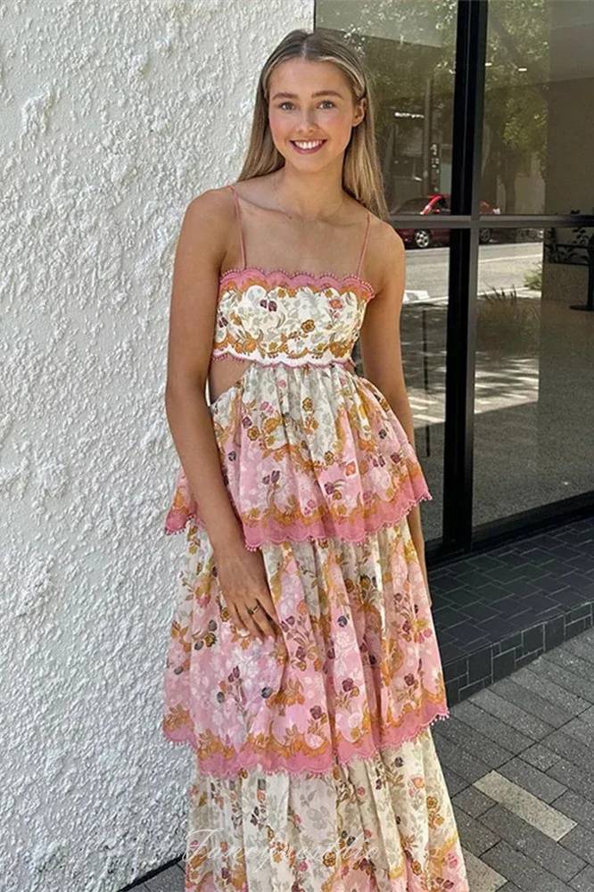 Straps Floral Print Ruffle Long Summer Dress with Lace-up Back