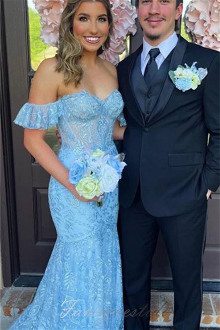 Blue Off the Shoulder Lace Applique Mermaid Prom Dress