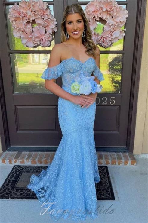 Blue Off the Shoulder Lace Applique Mermaid Prom Dress