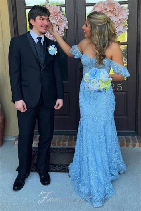 Blue Off the Shoulder Lace Applique Mermaid Prom Dress