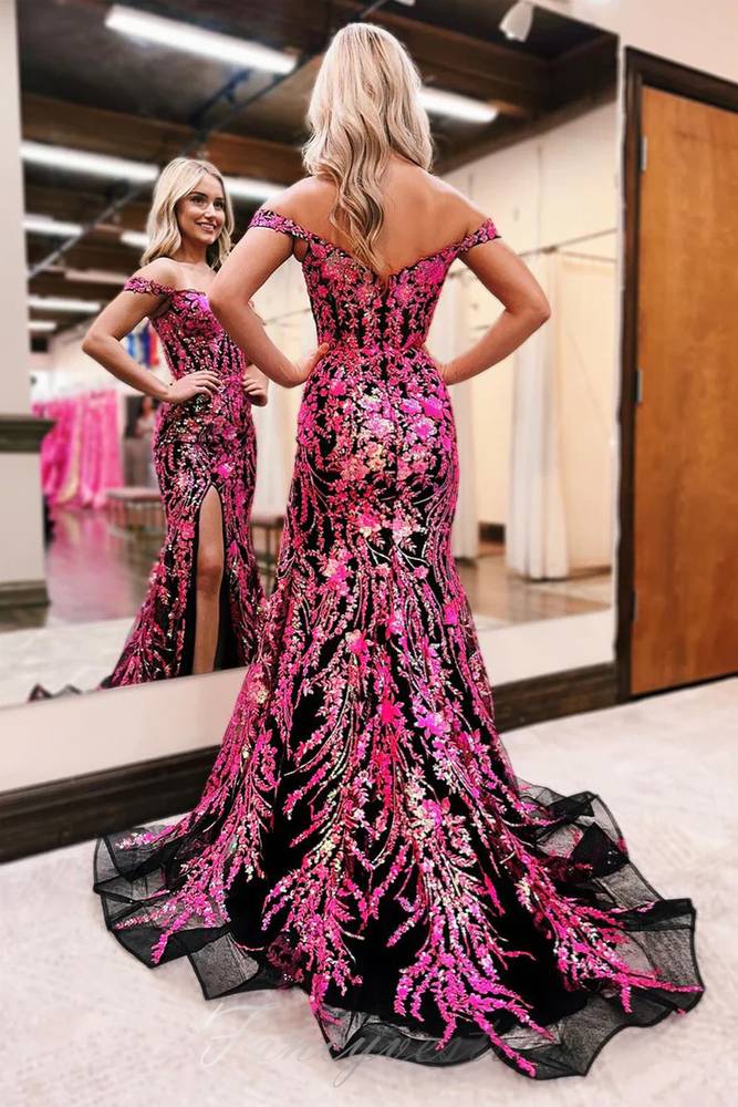 Fuchsia Sequin Applique Mermaid Slit Prom Dress with Off Shoulder