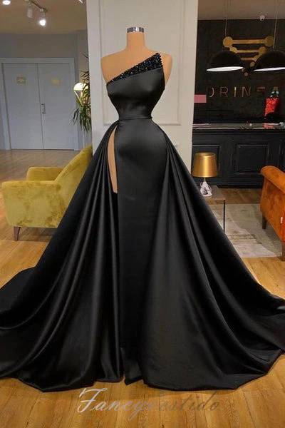 Strapless Asymmetrical Black Beaded A-Line Prom Dress with Slit