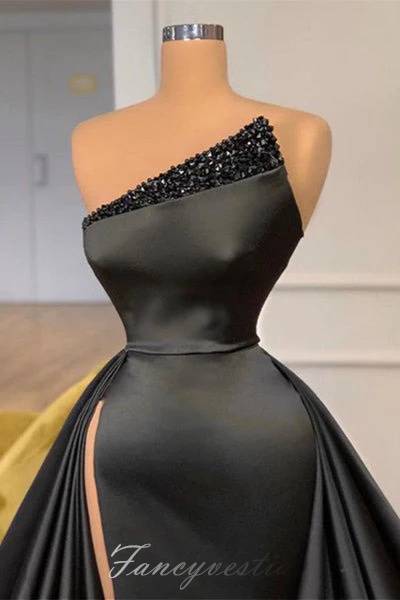 Strapless Asymmetrical Black Beaded A-Line Prom Dress with Slit