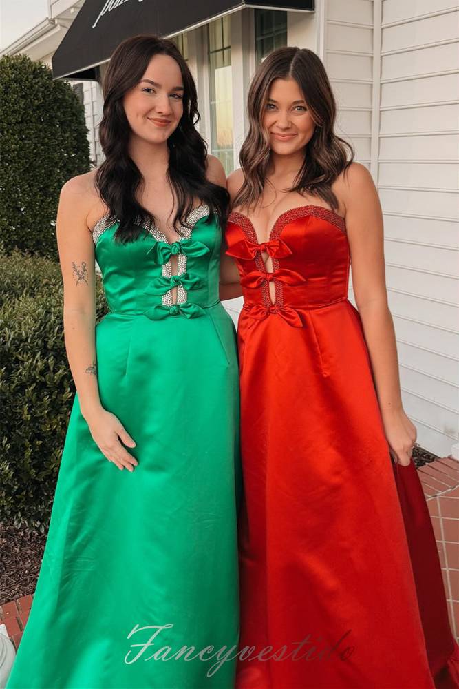 Green Strapless Beaded A-Line Prom Dress with Bow