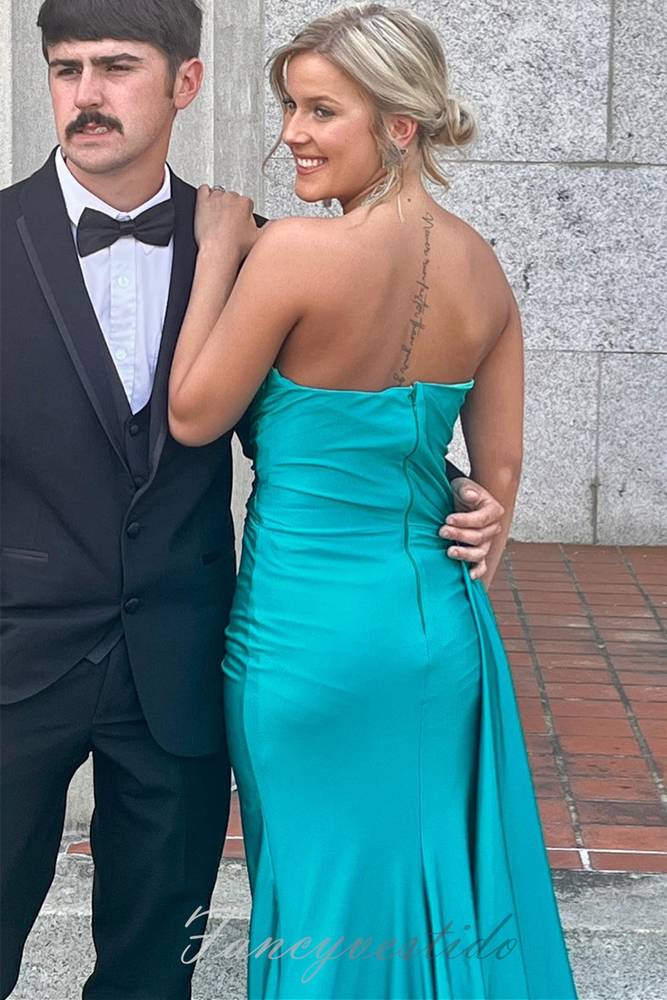 Teal Crew Neck Pleatde Satin Prom Dress with Slit