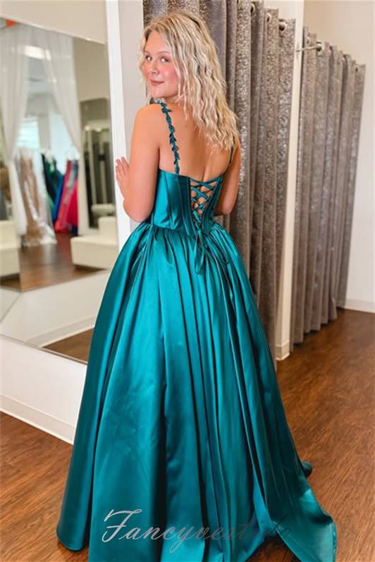 Teal Applique Straps Corset A-Line Satin Prom Dress