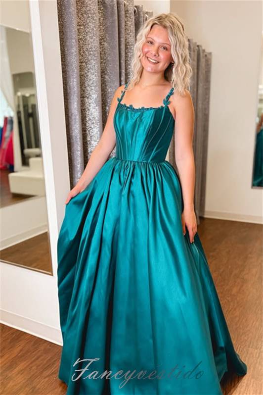 Teal Applique Straps Corset A-Line Satin Prom Dress