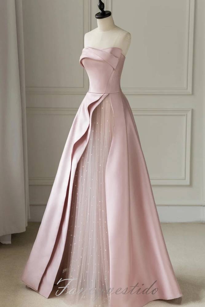 Elegant Strapless Pink Pleated Satin Prom Dress