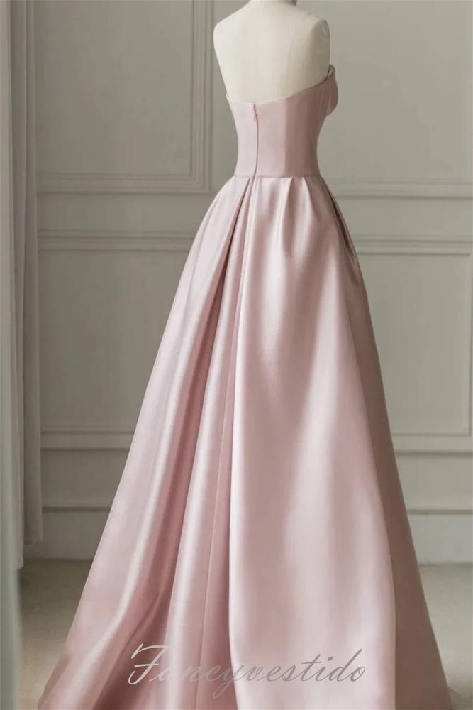 Elegant Strapless Pink Pleated Satin Prom Dress