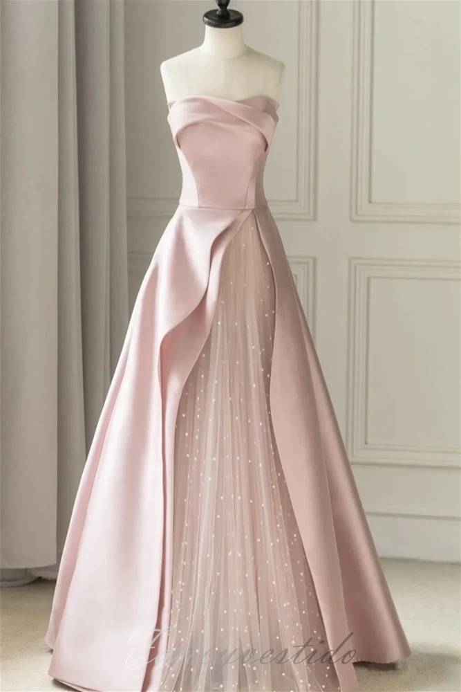 Elegant Strapless Pink Pleated Satin Prom Dress