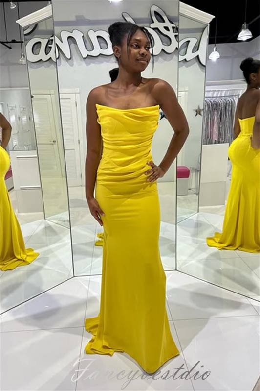  Strapless Yellow Ruched Mermaid Long Evening Dress