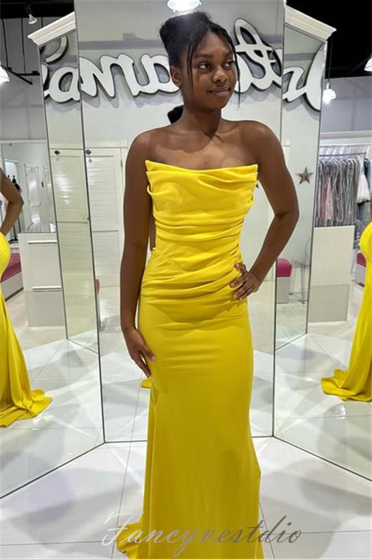  Strapless Yellow Ruched Mermaid Long Evening Dress