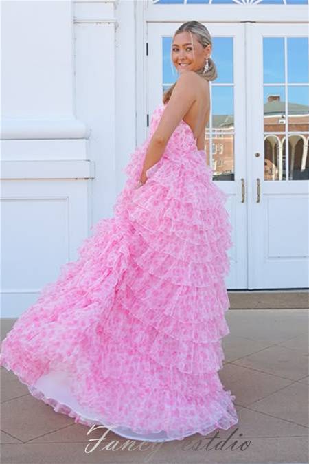 Halter Pink Floral Print Layered A-Line Ruffle Prom Dress