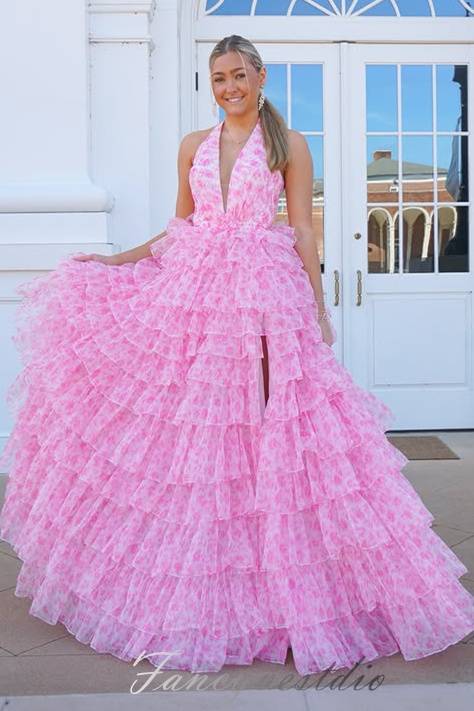 Halter Pink Floral Print Layered A-Line Ruffle Prom Dress