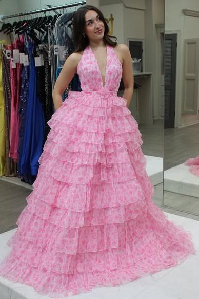 Halter Pink Floral Print Layered A-Line Ruffle Prom Dress