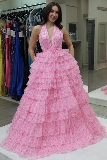 Halter Pink Floral Print Layered A-Line Ruffle Prom Dress