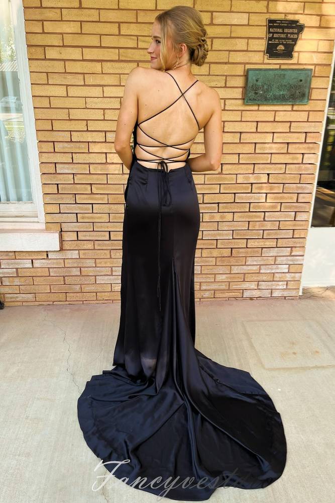 Black Lace-Up Back Sheath Mermaid Prom Dress with Slit