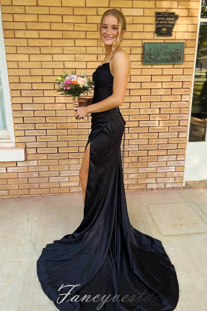 Black Lace-Up Back Sheath Mermaid Prom Dress with Slit