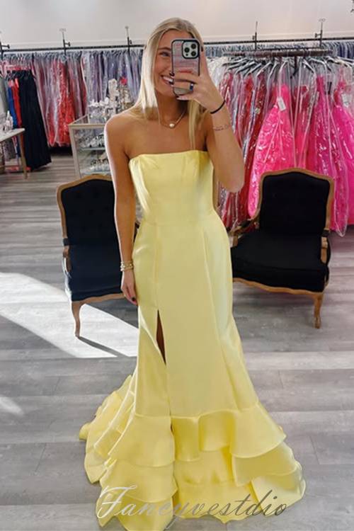 Strapless Yellow Ruffle Mermaid Prom Dress with Slit