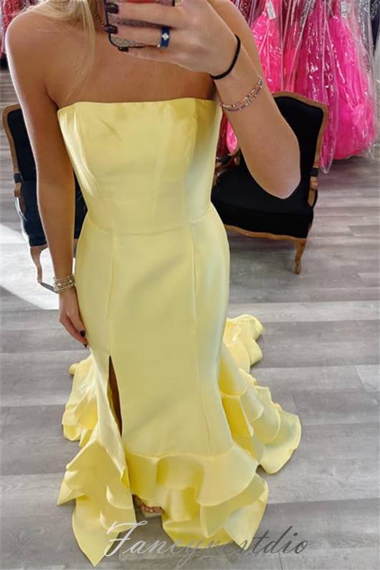 Strapless Yellow Ruffle Mermaid Prom Dress with Slit