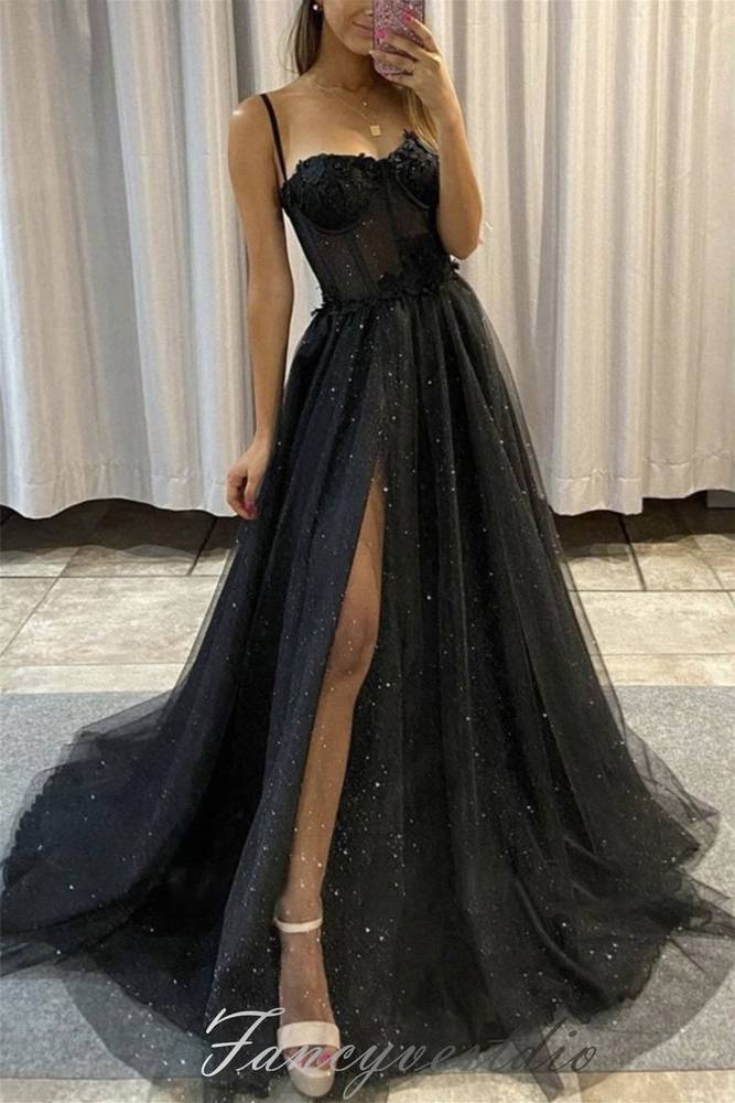 Glitter Black Straps Tulle A-Line Prom Dress with Slit